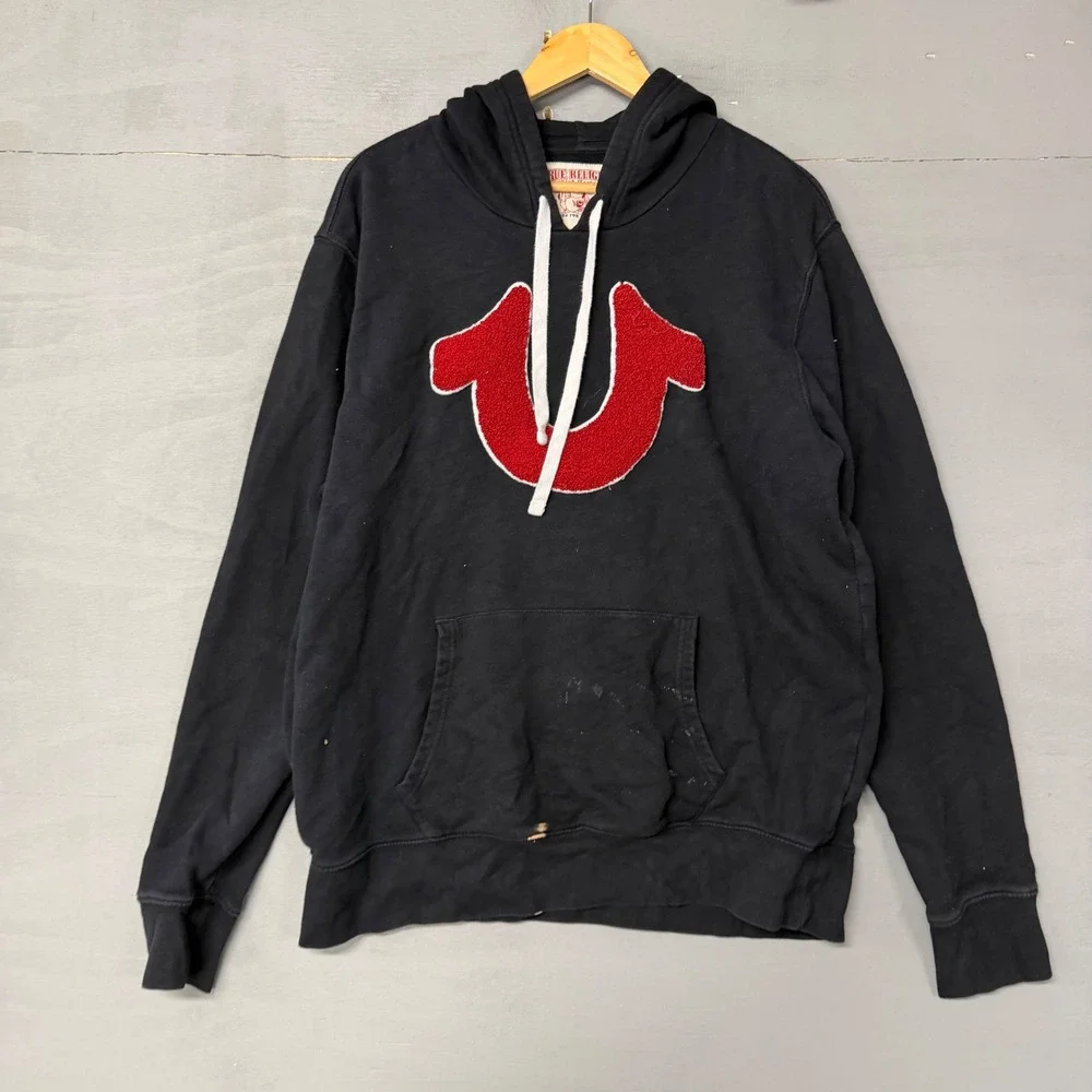 True Religion Mens Black Red Chenille Horseshoe Logo Pullover Hoodie 2XL‎ XXL